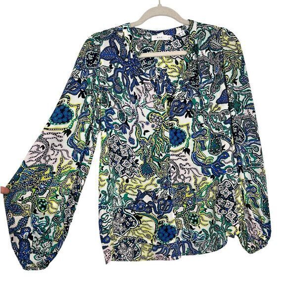 A.L.C. Silk Blouse Top Womens 0 Multicolor Floral Print V-Neck Long Sleeve Alc